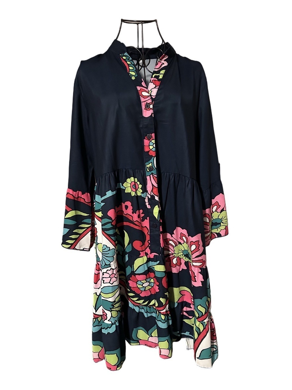 Navy Blue Floral Midi Dress with Pink & Green Print - Picture 2 of 5